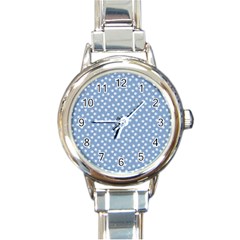 Faded Blue White Floral Print Round Italian Charm Watch by SpinnyChairDesigns