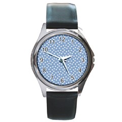 Faded Blue White Floral Print Round Metal Watch by SpinnyChairDesigns