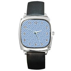 Faded Blue White Floral Print Square Metal Watch by SpinnyChairDesigns