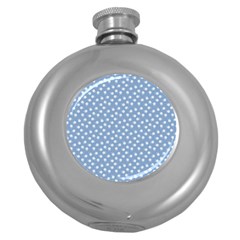 Faded Blue White Floral Print Round Hip Flask (5 Oz) by SpinnyChairDesigns