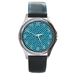 Teal White Floral Print Round Metal Watch by SpinnyChairDesigns