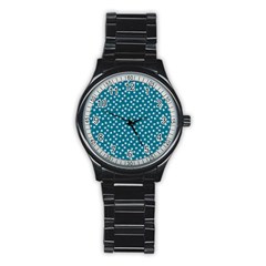 Teal White Floral Print Stainless Steel Round Watch by SpinnyChairDesigns