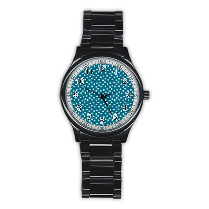 Teal White Floral Print Stainless Steel Round Watch