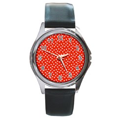 Red White Floral Print Round Metal Watch by SpinnyChairDesigns