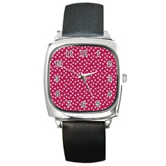 Magenta Rose White Floral Print Square Metal Watch