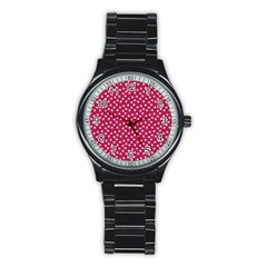 Magenta Rose White Floral Print Stainless Steel Round Watch by SpinnyChairDesigns