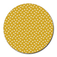 Saffron Yellow White Floral Pattern Round Mousepads by SpinnyChairDesigns