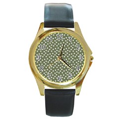 Sage Green White Floral Print Round Gold Metal Watch by SpinnyChairDesigns