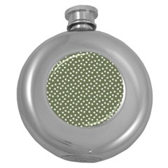 Sage Green White Floral Print Round Hip Flask (5 Oz) by SpinnyChairDesigns