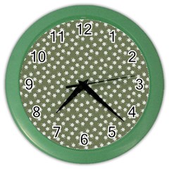 Sage Green White Floral Print Color Wall Clock by SpinnyChairDesigns