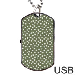 Sage Green White Floral Print Dog Tag Usb Flash (two Sides) by SpinnyChairDesigns