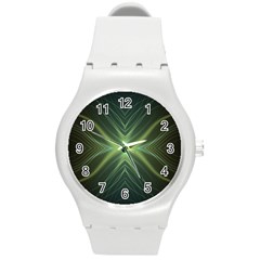 Abstract Green Stripes Round Plastic Sport Watch (m) by SpinnyChairDesigns