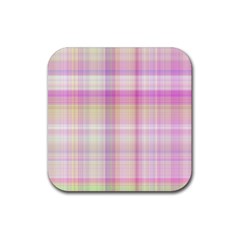 Pink Madras Plaid Rubber Coaster (square)  by SpinnyChairDesigns