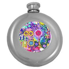 Double Sunflower Abstract Round Hip Flask (5 Oz) by okhismakingart