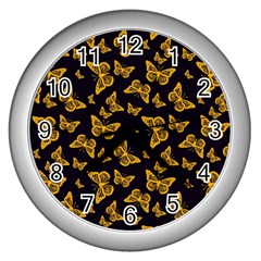 Black Gold Butterfly Print Wall Clock (silver) by SpinnyChairDesigns
