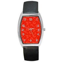 Vermilion Red Butterfly Print Barrel Style Metal Watch by SpinnyChairDesigns