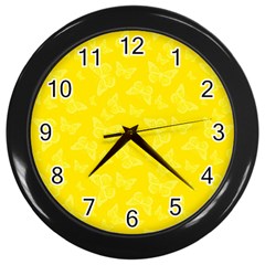 Lemon Yellow Butterfly Print Wall Clock (black) by SpinnyChairDesigns