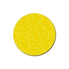 Lemon Yellow Butterfly Print Rubber Coaster (round)  by SpinnyChairDesigns
