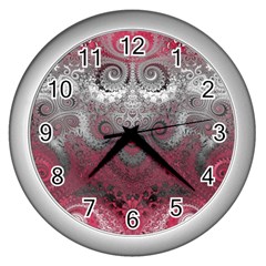 Black Pink Spirals And Swirls Wall Clock (silver) by SpinnyChairDesigns