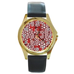 Red Black Checkered Round Gold Metal Watch by SpinnyChairDesigns