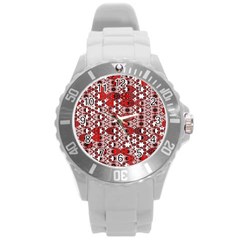 Red Black Checkered Round Plastic Sport Watch (l) by SpinnyChairDesigns