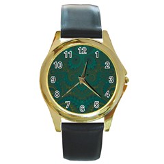 Teal Green Spirals Round Gold Metal Watch by SpinnyChairDesigns