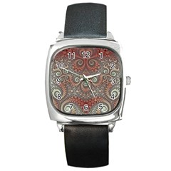 Red And White Color Swirls Square Metal Watch by SpinnyChairDesigns