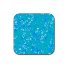 Aqua Blue Floral Print Rubber Coaster (square)  by SpinnyChairDesigns