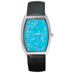 Aqua Blue Floral Print Barrel Style Metal Watch