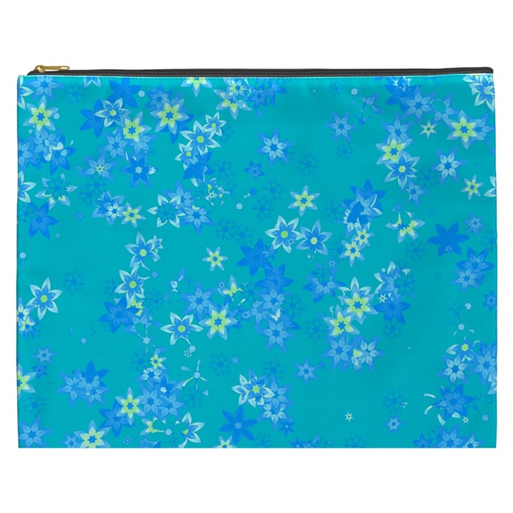 Aqua Blue Floral Print Cosmetic Bag (XXXL)