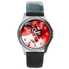 Abstract Red Black Floral Print Round Metal Watch by SpinnyChairDesigns