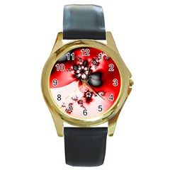 Abstract Red Black Floral Print Round Gold Metal Watch by SpinnyChairDesigns