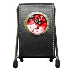 Abstract Red Black Floral Print Pen Holder Desk Clock by SpinnyChairDesigns