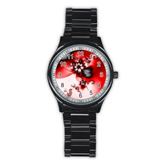Abstract Red Black Floral Print Stainless Steel Round Watch by SpinnyChairDesigns