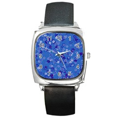 Cornflower Blue Floral Print Square Metal Watch by SpinnyChairDesigns