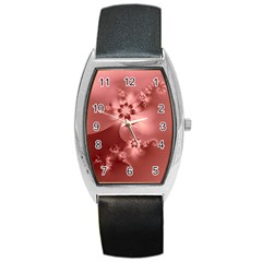 Coral Pink Floral Print Barrel Style Metal Watch by SpinnyChairDesigns