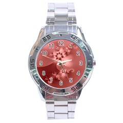 Coral Pink Floral Print Stainless Steel Analogue Watch by SpinnyChairDesigns