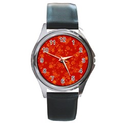 Orange Red Floral Print Round Metal Watch by SpinnyChairDesigns