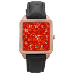 Orange Red Floral Print Rose Gold Leather Watch  by SpinnyChairDesigns