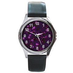 Purple Flowers Round Metal Watch by SpinnyChairDesigns