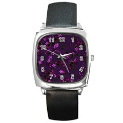 Purple Flowers Square Metal Watch by SpinnyChairDesigns