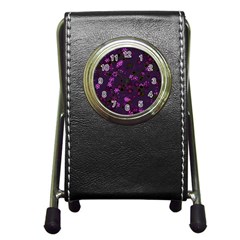 Purple Flowers Pen Holder Desk Clock by SpinnyChairDesigns