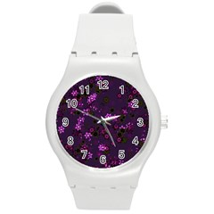 Purple Flowers Round Plastic Sport Watch (m) by SpinnyChairDesigns