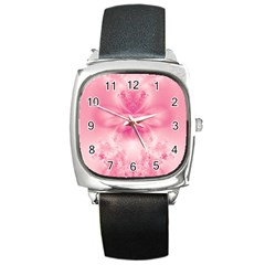 Pink Floral Pattern Square Metal Watch by SpinnyChairDesigns