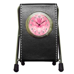 Pink Floral Pattern Pen Holder Desk Clock by SpinnyChairDesigns