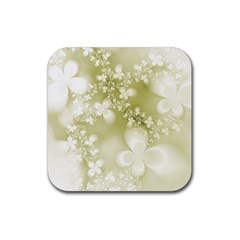 Olive Green With White Flowers Rubber Coaster (square)  by SpinnyChairDesigns