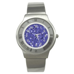 Slate Blue With White Flowers Stainless Steel Watch by SpinnyChairDesigns