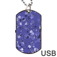 Slate Blue With White Flowers Dog Tag Usb Flash (two Sides) by SpinnyChairDesigns