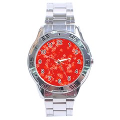 Red And White Flowers Stainless Steel Analogue Watch by SpinnyChairDesigns