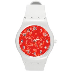 Red And White Flowers Round Plastic Sport Watch (m) by SpinnyChairDesigns
